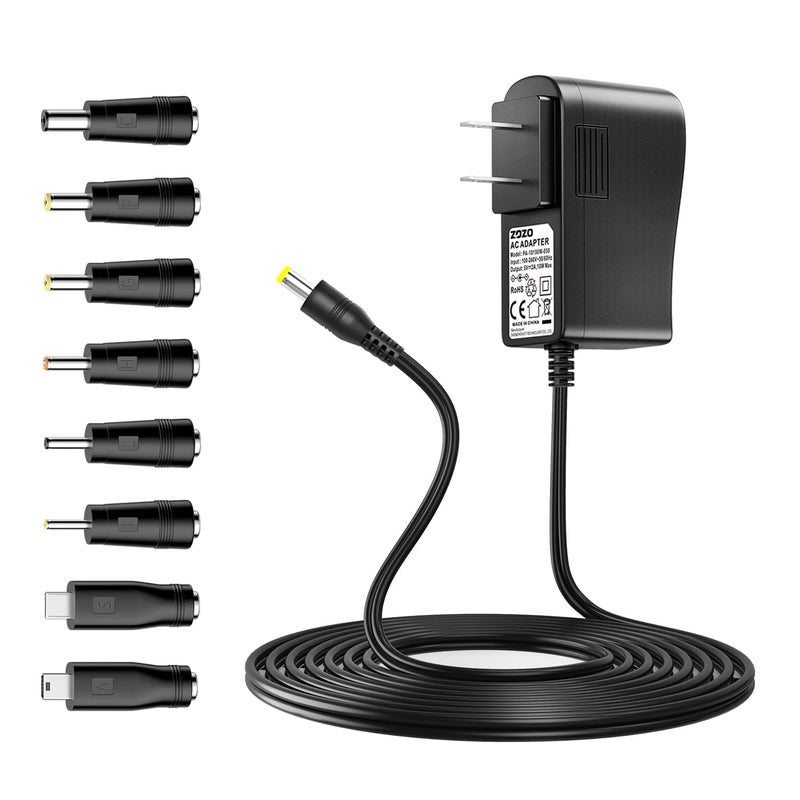 ZOZO 10W 5V 2A AC/DC Adapter Replacement 5Volt 2Amp Power Adapter Cord Charger Multi Tips for Tablet Webcam Router Toys Recorder TV Box USB Hub Bluetooth Speaker and More DC 5V Devices - Image 1
